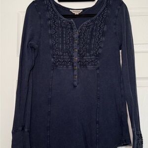 Lucky Brand Dark Blue Embroidered Long Sleeve Top